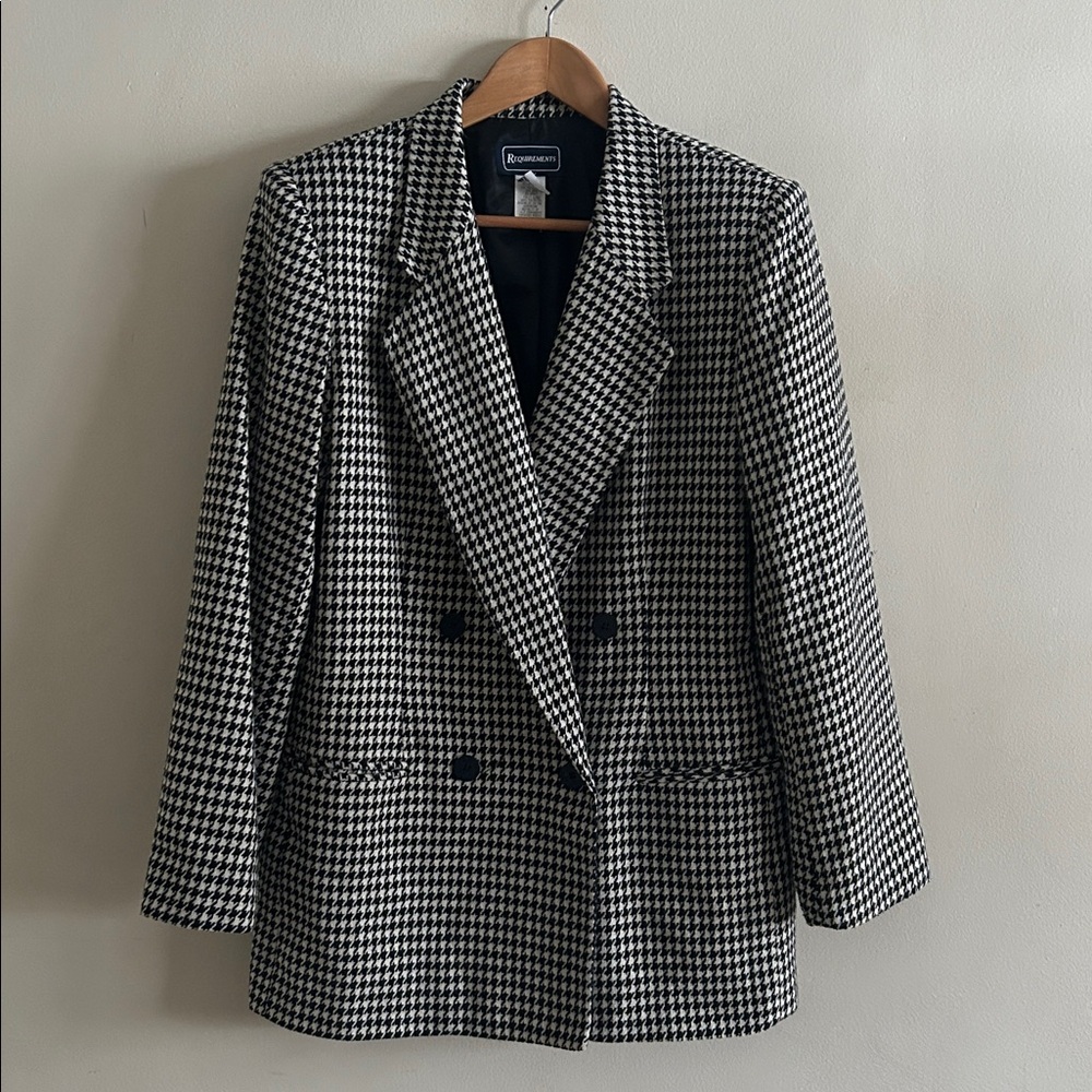 Vtg Requirements Black White Houndstooth Wool Blend Lined Double Breasted Blazer - Picture 2 of 12